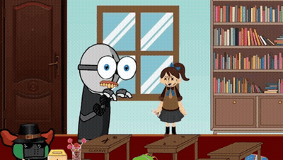 Cartoon Girl In Front Of Window With Robot Behind GIF