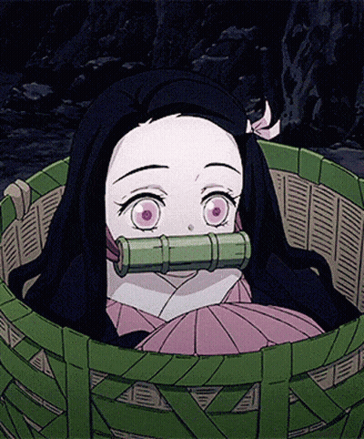 Cartoon Girl In Green Basket With Bamboo Tube In Mouth GIF