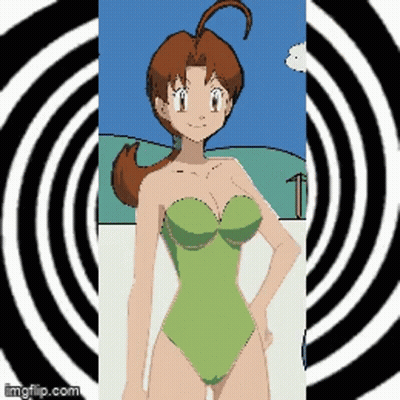 Cartoon Girl In Green Swimsuit In Front Of Optical Illusion GIF