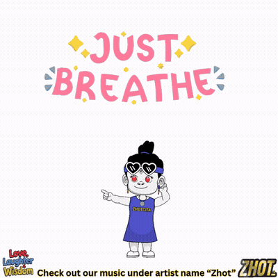 Cartoon Girl In Headphones And Red Dress Saying Just Breathe GIF