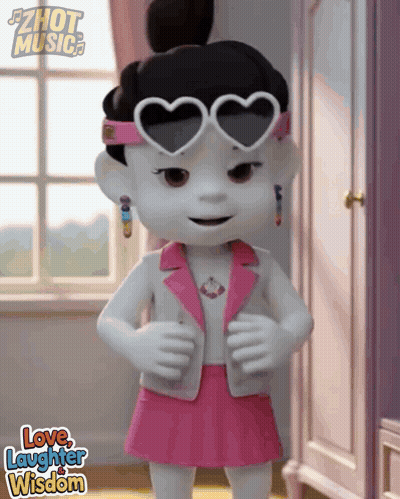 Cartoon Girl In Heart Sunglasses And Pink Skirt Saying Love Laughter Wisdom GIF