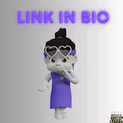Cartoon Girl In Heart Sunglasses And Purple Dress Saying Link In Bio GIF