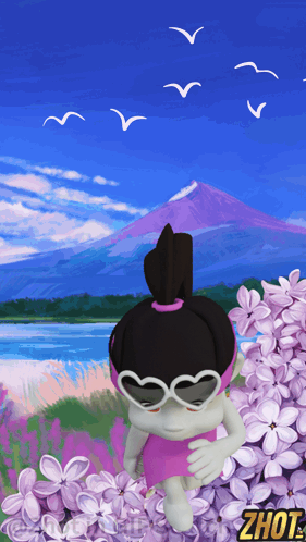 Cartoon Girl In Heart Sunglasses In Purple Flower Field GIF