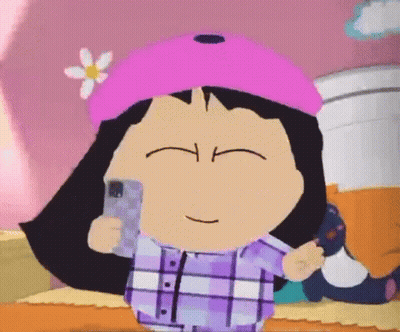 Cartoon Girl In Pink Hat And Plaid Shirt Taking Selfie GIF