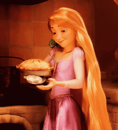 Cartoon Girl In Purple Dress Holding Pie GIF