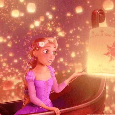 Cartoon Girl In Purple Dress Sitting In Boat With Lanterns GIF