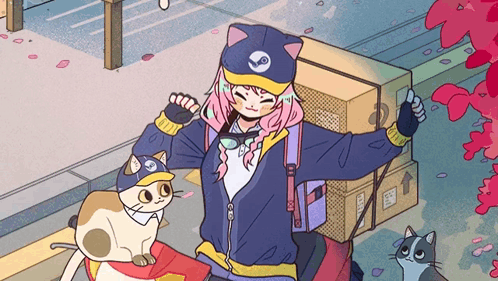 Cartoon Girl In Steam Hat With Cat GIF