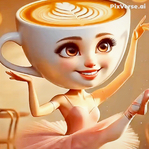 Cartoon Girl In Tutu Holding Cup Of Coffee GIF