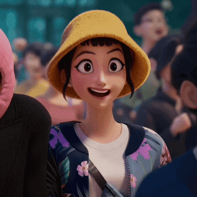 Cartoon Girl In Yellow Hat And Floral Jacket GIF