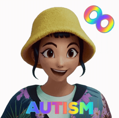 Cartoon Girl In Yellow Hat And Purple Jacket With Word Autism GIF