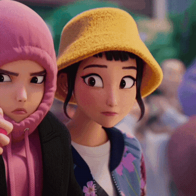 Cartoon Girl In Yellow Hat Next To Girl In Pink Hoodie GIF