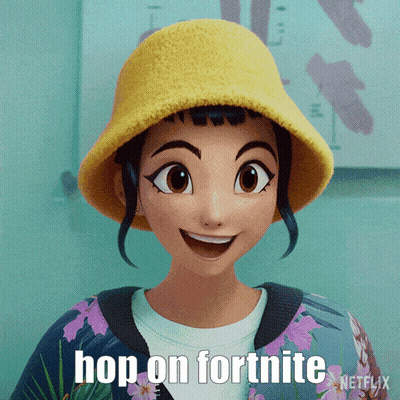 Cartoon Girl In Yellow Hat Saying Hop On Fortnite GIF