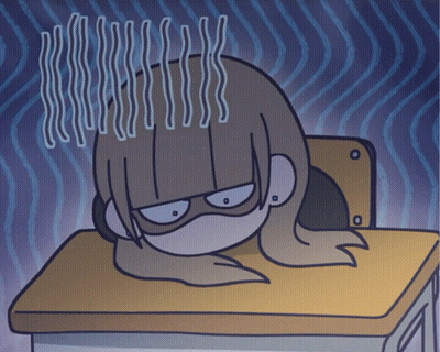 Cartoon Girl Laying On Desk Purple Background GIF