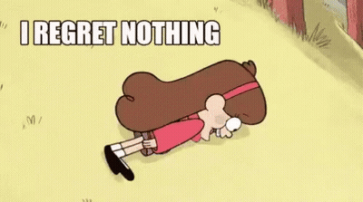 Cartoon Girl Laying on Ground Saying I Regret Nothing