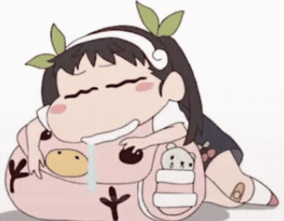 Cartoon Girl Lying With Pink Backpack And Teddy Bear GIF
