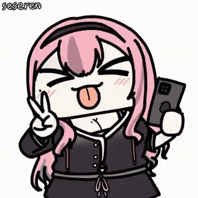 Cartoon Girl Making Peace Sign Holding Cell Phone GIF