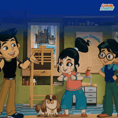 Cartoon Girl Next To Boy And Dog With Chiquita Sign GIF