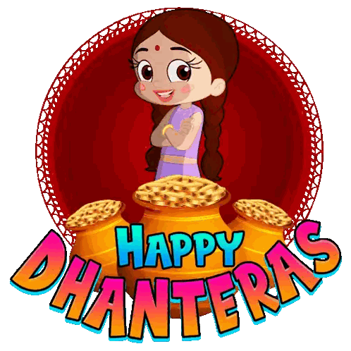 Cartoon Girl Next To Pots Of Gold Happy Dhanteras Sticker
