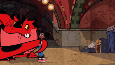 Cartoon Girl Next To Red Graffiti Monster GIF