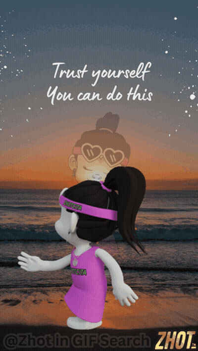 Cartoon Girl On Beach Saying Trust Yourself You Can Do This GIF