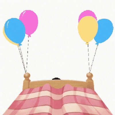 Cartoon Girl On Bed With Balloons Saying It's Your Birthday GIF