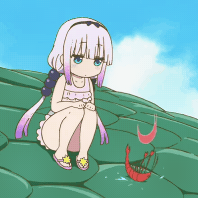 Cartoon Girl On Leaf Looking At Shrimp GIF