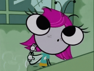 Cartoon Girl Pink Hair Big Eyes Beside Table GIF