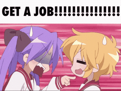 Cartoon Girl Pointing At Another Saying Get A Job GIF