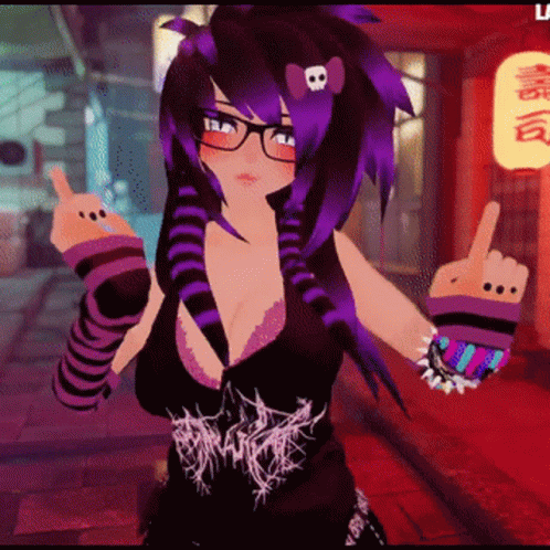Cartoon Girl Purple Hair Glasses Middle Finger GIF