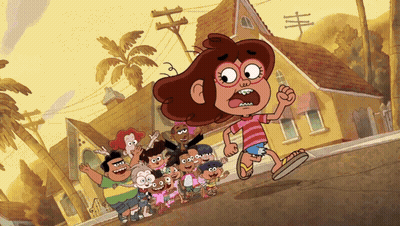 Cartoon Girl Running With Kids