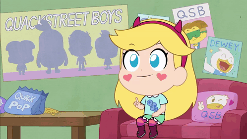 Cartoon Girl Sits On Couch In Front Of Poster For Quack Street Boys GIF