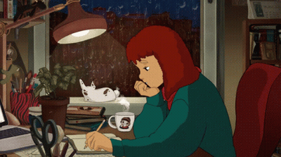 Cartoon Girl Sitting At Desk With Monkey Mug GIF