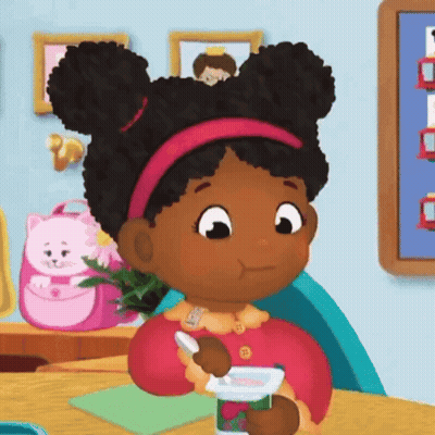 Cartoon Girl Sitting At Table Holding Yogurt GIF