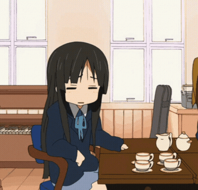 Cartoon Girl Sitting At Table With Cups And Saucers GIF