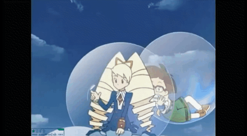 Cartoon Girl Sitting In Bubble With Man Laying On Ground GIF