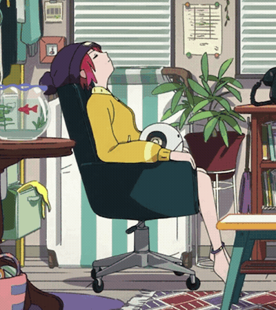 Cartoon Girl Sitting In Chair With Fish Bowl GIF