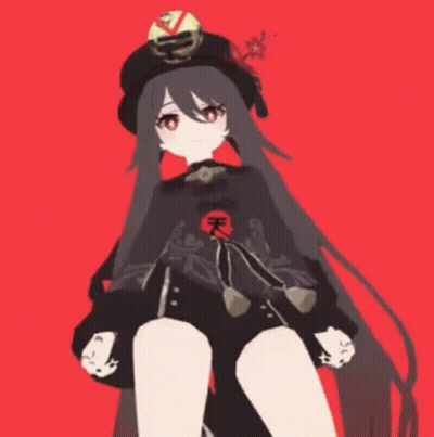 Cartoon Girl Sitting in Hat and Black Dress on Red Background