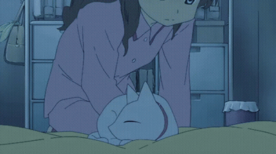 Cartoon Girl Sitting On Bed With Sleeping Cat GIF