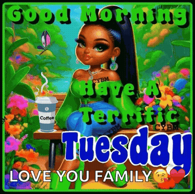 Cartoon Girl Sitting On Bench With Coffee And Flowers GIF
