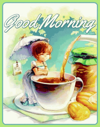 Cartoon Girl Sitting On Coffee Cup Saying Good Morning GIF