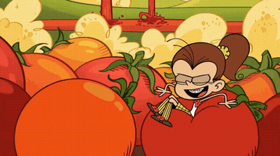 Cartoon Girl Sitting On Tomato Holding Glass GIF