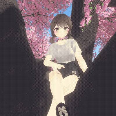 Cartoon Girl Sitting Under Tree With Pink Flowers GIF