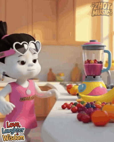Cartoon Girl Standing In Front Of Blender Saying Love Laughter Wisdom GIF