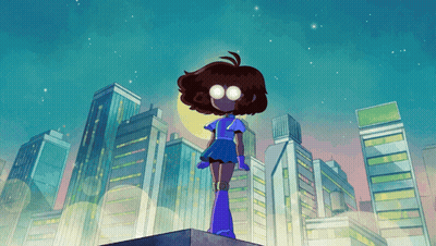 Cartoon Girl Standing In Front Of City GIF