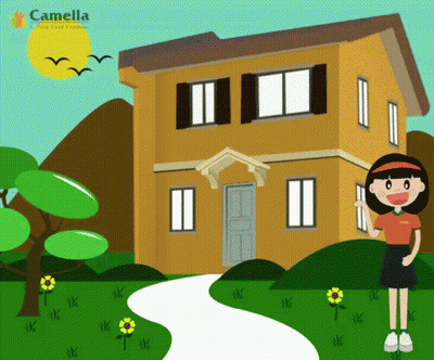 Cartoon Girl Standing In Front Of House With Camellia Logo GIF