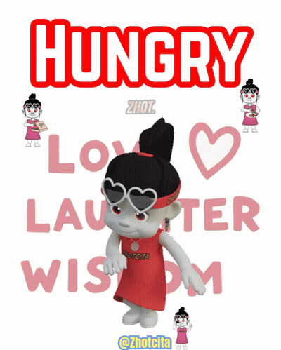 Cartoon Girl Standing In Front Of Hungry Love Laughter Wisdom Sign GIF