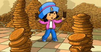 Cartoon Girl Standing In Front Of Pile Of Cookies GIF