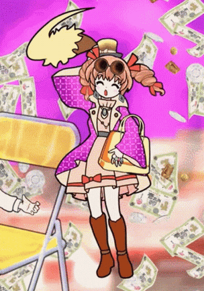 Cartoon Girl Standing In Front Of Pile Of Money GIF