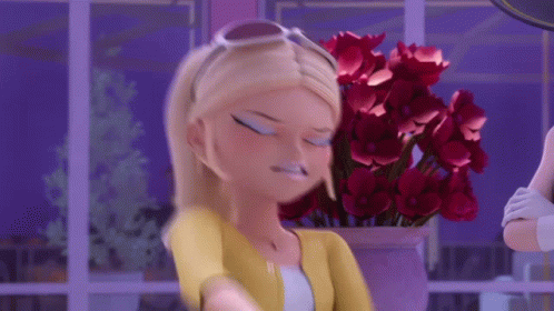 Cartoon Girl Standing In Front Of Vase Of Red Flowers GIF