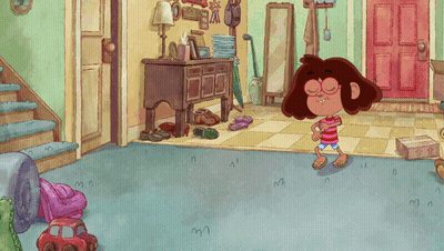 Cartoon Girl Standing in Hallway With Red Door